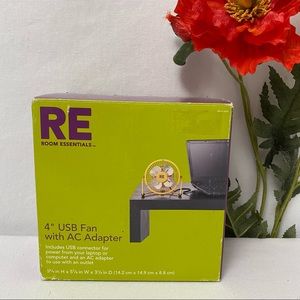 Room Essential 4” USB Fan with AC Adapter, NWT